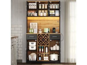Buffet de cuisine haut avec 2 tiroirs, casier à vin amovible, led rgb et prises pour salle à manger en mdf 105×40×180 cm