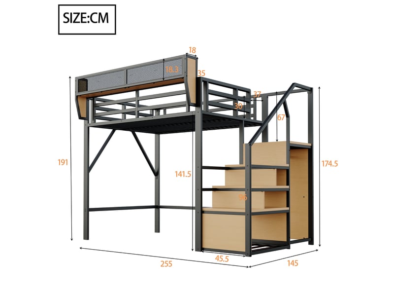  Lit mezzanine 140x200 cm avec échelle sécurisée et rangement modulable noir  - Conforama C
