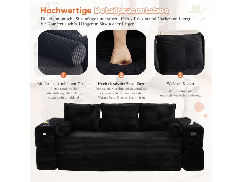  Canapé convertible 3 places en velours côtelé noir avec coffre et porte-gobelets intégrés  - Conforama D