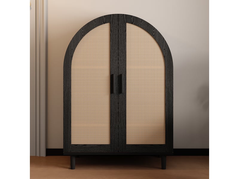 Buffet meuble à chaussures en rotin avec portes ajourées, design arrondi élégant et 3 étagères, rangement moderne - Conforama B