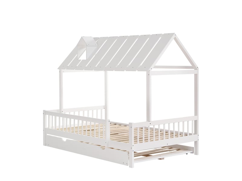  Lit cabane 120x200 cm blanc – toit et cheminée décorative, bois massif et mdf sécurisés  - Conforama E
