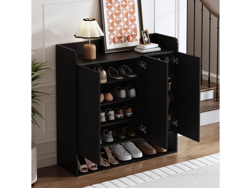  Meuble à chaussures noir avec structure striée verticale et miroir en pied, grand rangement, noir  - Conforama D