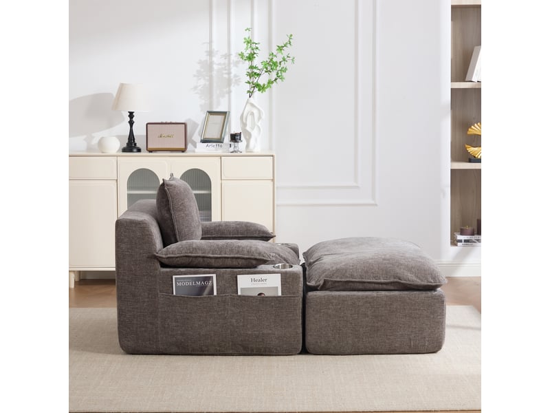  Chaise longue, fauteuil lounge : coussins inclus, sans montage, en chenille, porte-gobelets  - Conforama W