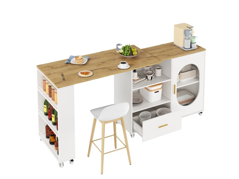  Îlot de cuisine 120x60x90 cm extensible avec 1 porte et 1 tiroir en plateau pivotant et mdf couleur naturel et blanc  - Conforama A