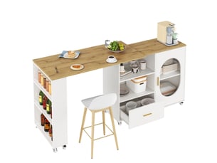 Îlot de cuisine 120x60x90 cm extensible avec 1 porte et 1 tiroir en plateau pivotant et mdf couleur naturel et blanc