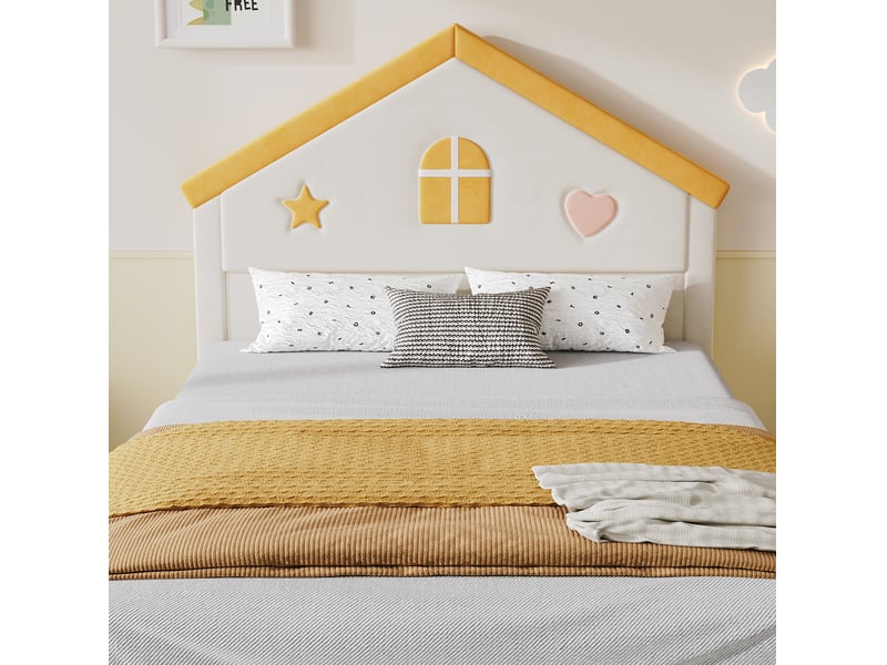 Lit cabane 140x200 cm avec 4 tiroirs en velours beige, sans matelas - Conforama E