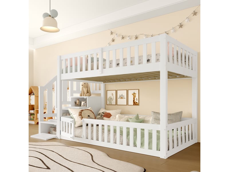  Lit mezzanine 90x200 cm blanc avec bureau, échelle et rangements intégrés, sans matelas  - Conforama C