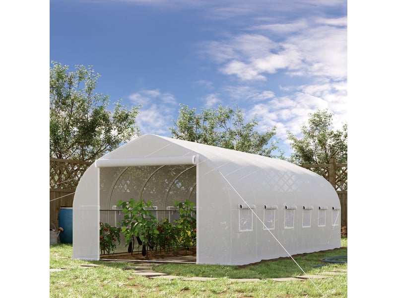  Serre tunnel extérieur 6x3x2 m, 12 fenêtres, porte enroulable zip métallique, plantes, blanche.  - Conforama C