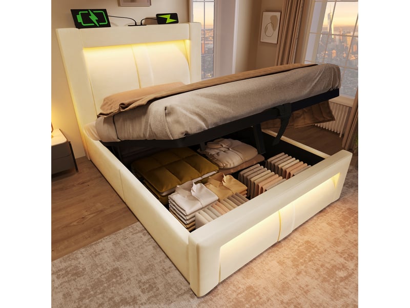 Lit coffre 90x200 cm, rangement sous-lit, led pilotable via appli, usb type-c intégrés, velours beige, sans matelas - Conforama D
