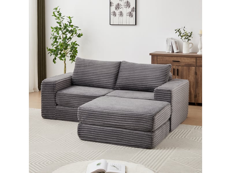  Canapé convertible modulaire avec poufs amovibles  - accoudoirs carrés en velours côtelé gris  - Conforama C