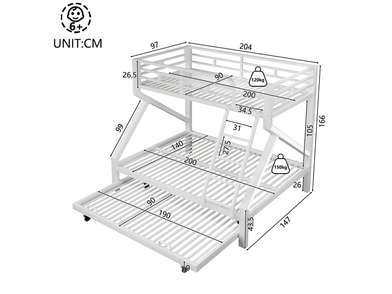  Lit superposé 90x200140x200 cm, 3 couchages avec lit gigogne 90x190 cm, led, garde-corps, échelle, structure métal et mdf blanc, gain de place  - Conforama E