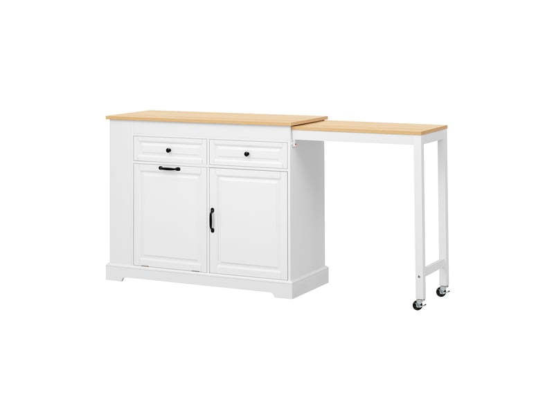  Desserte de cuisine mobile avec plan coulissant latéral, 2 tiroirs et rangement à déchets, blanche et naturelle  - Conforama A