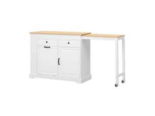 Desserte de cuisine mobile avec plan coulissant latéral, 2 tiroirs et rangement à déchets, blanche et naturelle