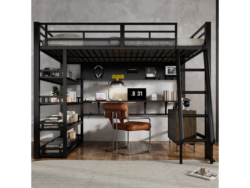  Lit mezzanine 2 places 140 x 200 cm avec étagères, grand rangement, port de charge, échelle inclinée 4 marches, barre de suspension, métal noir  - Conforama B