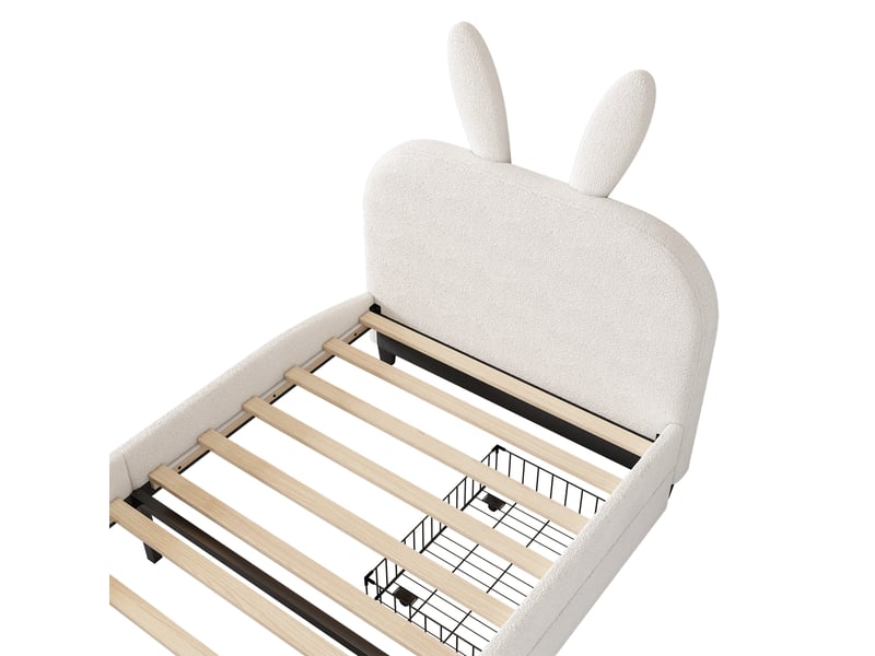  Lit enfant 90x200 cm, tiroirs, forme de lapin, dessin style cartoon, sommier, peluche blanc, sans matelas  - Conforama E