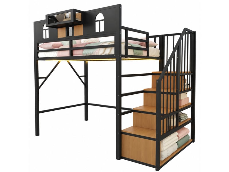  Lit mezzanine lit simple avec escalier de rangement, bande lumineuse et étagères, 200x90 cm, sans matelas, noir  - Conforama A