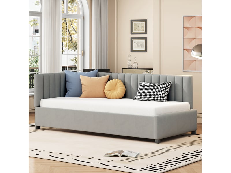  Modenvie lit banquette 90x200 cm - velours avec sommier à lattes, dossier réversible, sans matelas - gris  - Conforama D