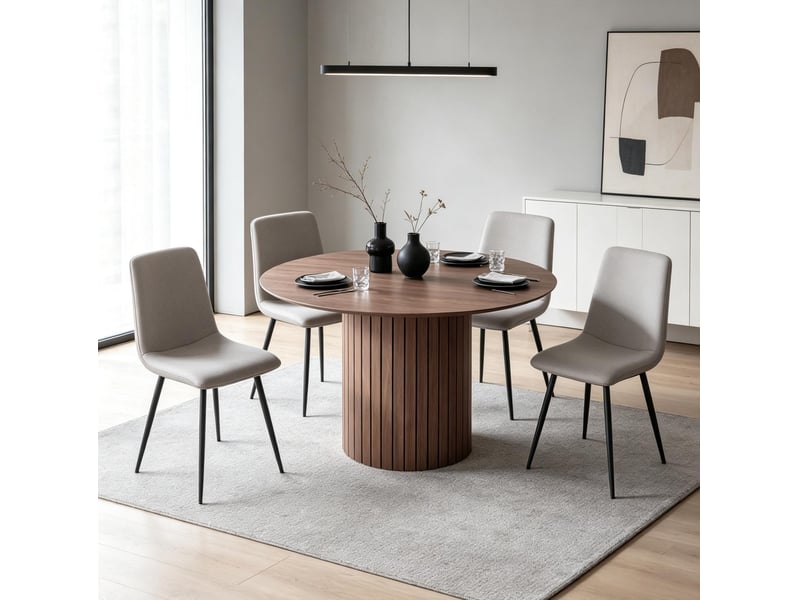  Table de salle à manger ronde pour 4 à 6 personnes piètement cylindrique en bois marron foncé 120 × 120 × 76 cm  - Conforama D