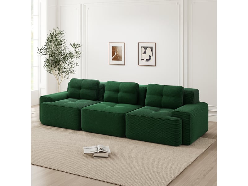 Canapé modulable 3 places sans structure,293x104x69cm,canapé à compression en velours côtelé,assise profonde et rembourrage haute densité 32d - vert - Conforama B