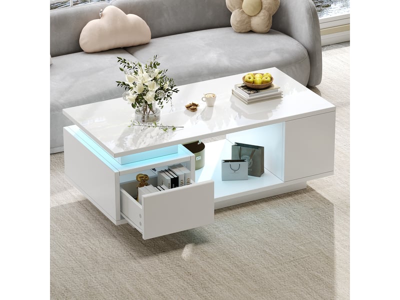 Table basse blanche brillante avec led app contrôle, table de salon 100x50x36 cm avec tiroir et rangements latéraux - Conforama C
