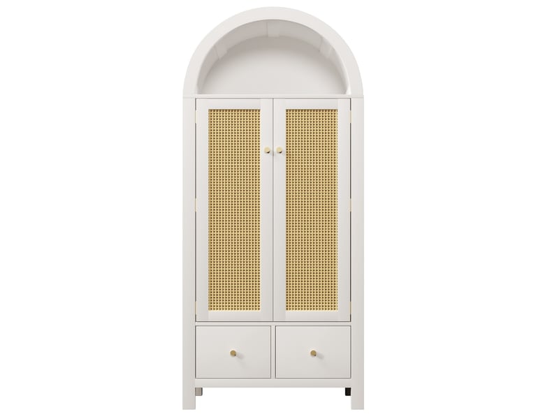 Armoire penderie 78x45x181 cm avec 2 portes effet rotin magnétiques, 2 tiroirs, tringle et niche ouverte pour chambre - blanc - Conforama A