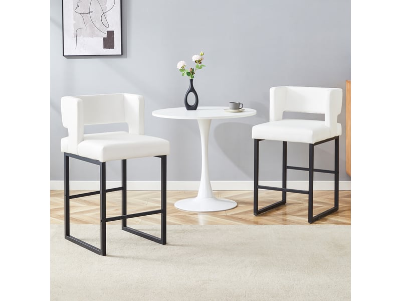  Lot de 2 tabourets de bar 49.5x41.4x91.4cm – design carré moderne et confortable avec sièges en cuir - pieds en métal noir - blanc  - Conforama E