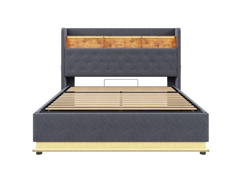  Lit coffre de rangement 180x200 2 places - lit adulte double avec éclairage led - port usb - rangement hydraulique - tissu gris  - Conforama R