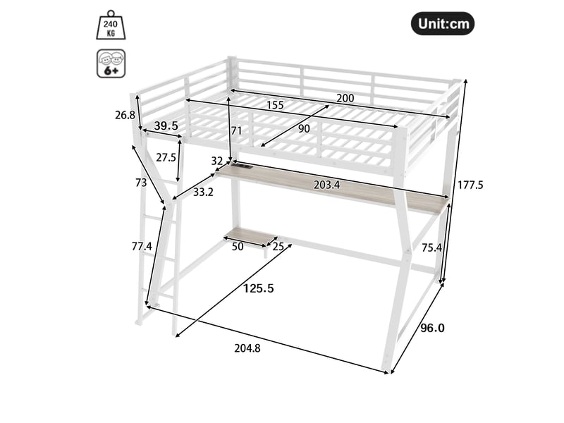  Lit mezzanine simple 90×200 cm avec bureau, prise, usb, led et étagère pc  - sans matelas, métal - blanc  - Conforama D