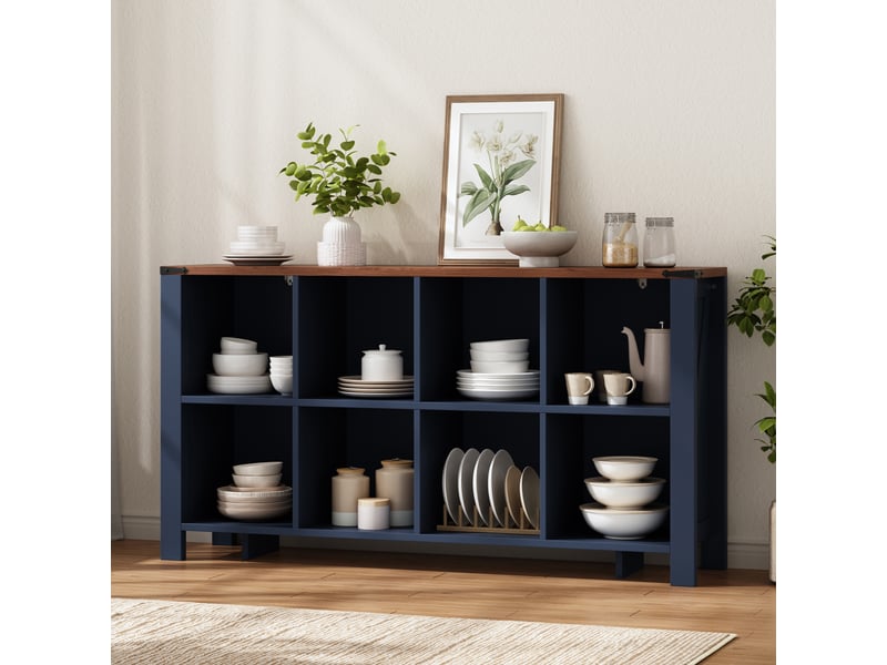 Buffet 140x34x75 cm avec 8 niches ouvertes, meuble de rangement en bois, étagère multifonction pour cuisine, salon et salle à manger - bleu  - Conforama E