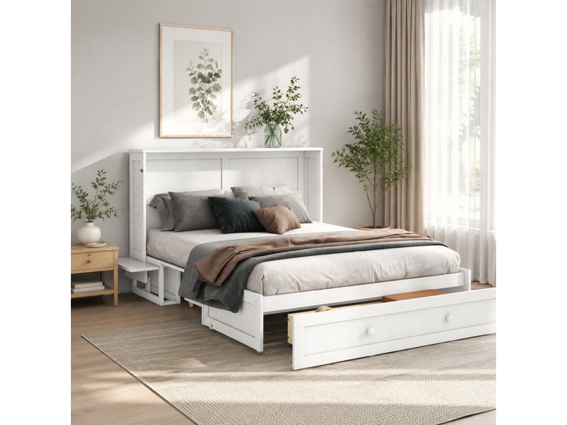  Lit escamotable double 140×200 cm, tiroir et étagères  - sans matelas, pin et mdf - blanc  - Conforama C