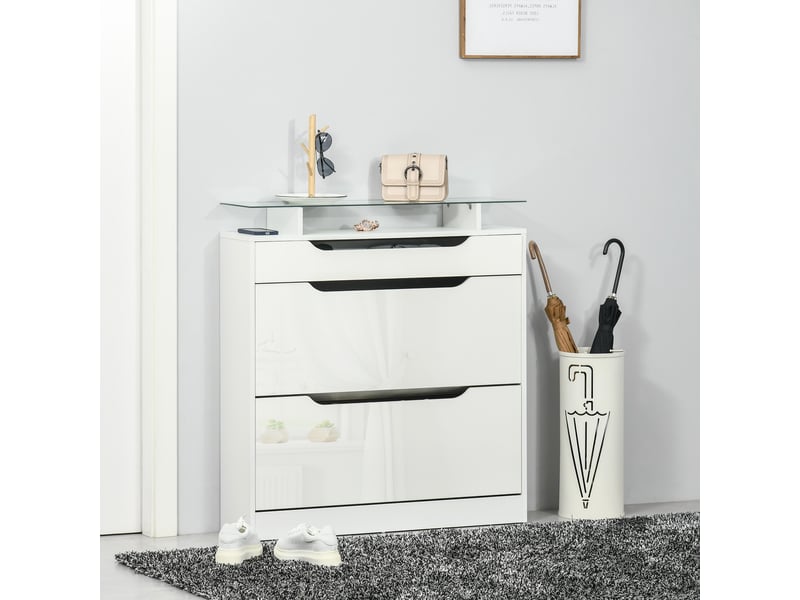  Armoire à chaussures avec 2 tiroirs rabattables + 1 tiroir coulissant + 1 comptoir et 1 plateau en verre blanc  - Conforama B