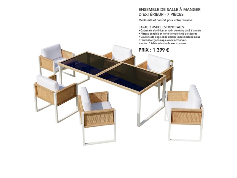 Ensemble de mobilier de jardin en polyrotin 170 x 80 cm, ensemble repas de jardin pour 6 personnes avec table en verre, fauteuils et housses lavables. - Conforama A