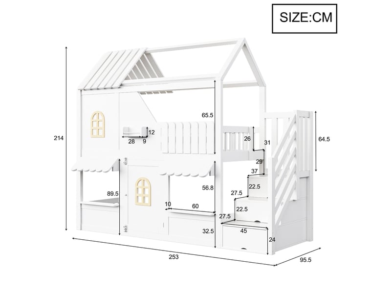 Lit superposé enfant 90 × 200 cm avec escalier de rangement, led réglables, étagères et espace de jeu pour chambre - Conforama C