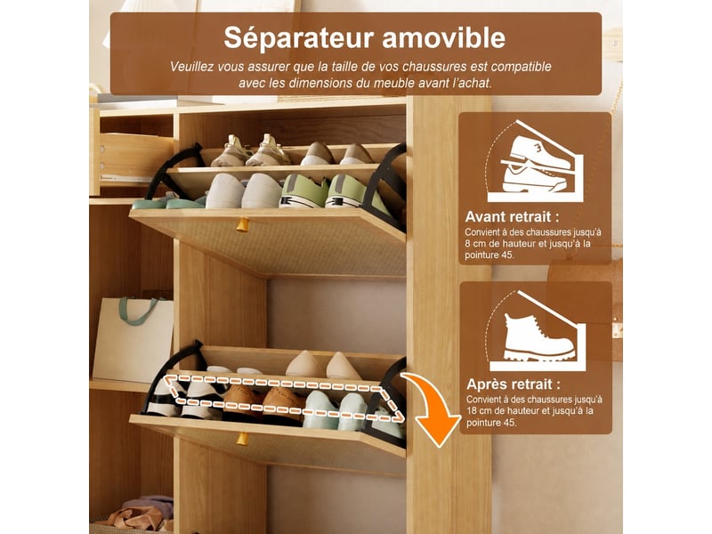 Meuble à chaussures étroit 80,5x25x125 cm, 3 abattants, 1 porte, effet rotin Fay Lum - Conforama D