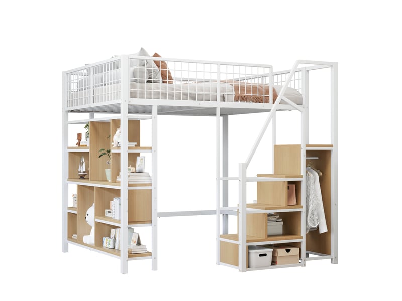  Lit mezzanine enfant 140x200 cm, avec escalier de rangement, espace sous lit multifonction, métal, blanc, sans matelas  - Conforama A