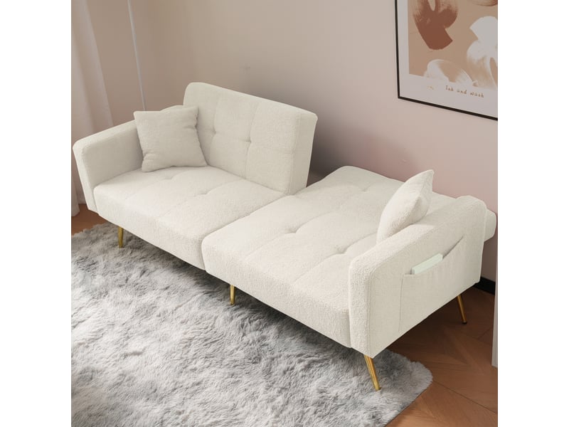  Canapé convertible 2 places avec dossier inclinable, fonction lit, tissu bouclé, poches latérales, pieds dorés, design moderne - blanc  - Conforama C