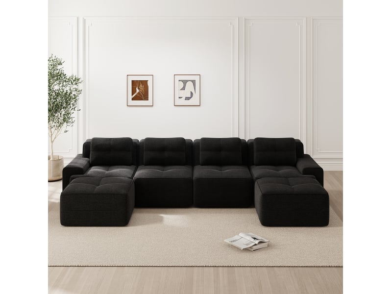  Canapé modulable en u 4 places en velours côtelé noir, assise profonde et base antidérapante pour le salon  - Conforama E