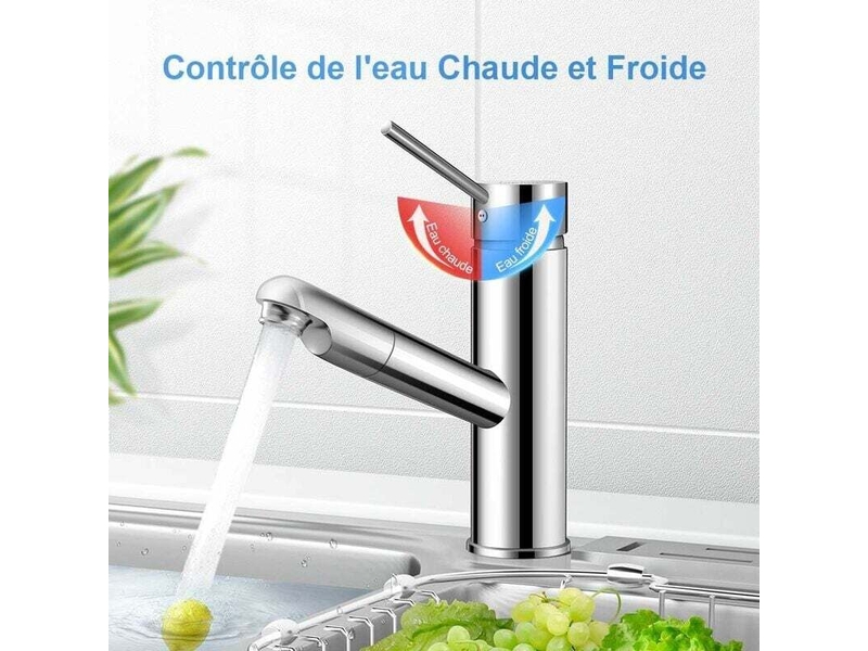  Mitigeur lavabo extractible – poignée unique, trou unique, chaudfroid, finition argent. Idéal pour salle de bain.  - Conforama C