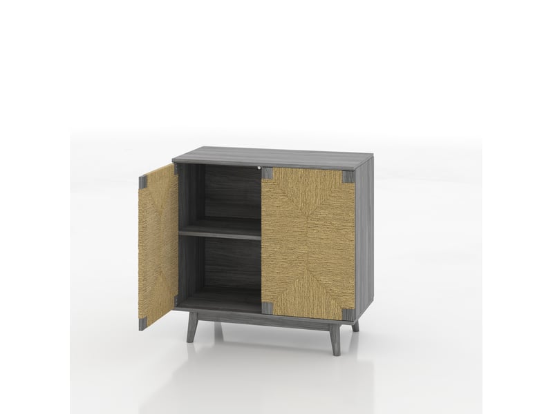  Buffet 2 portes 79x39.5x78 cm aspect frêne gris et papier tressé  - Conforama D