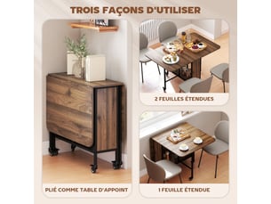 Table à manger pliante sur roulettes, table de cuisine pour 6 personnes avec étagère intégrée, marron, 130 x 80 x 74 cm