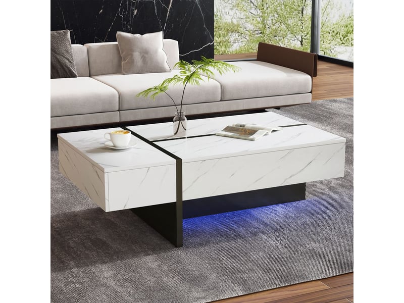  Table basse 110x60, plateau effet marbre brillant table basse salon, led intégrées app contrôlées, rangement intégré 3 tiroirs  - Conforama A