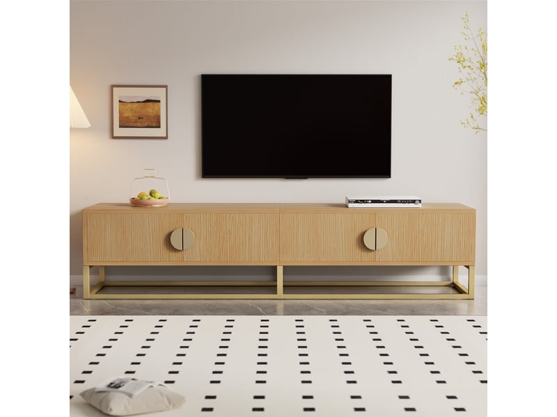  Meuble tv 180 cm effet bois avec 4 portes et poignées demi-lunes - mdf et pieds dorés  - Conforama E