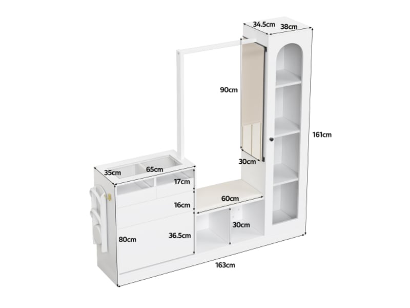  Ensemble d’entrée 6-en-1: vestiaire, coiffeuse avec penderie, banc et casier pliable, vitrine en verre, led rgb  - Conforama C