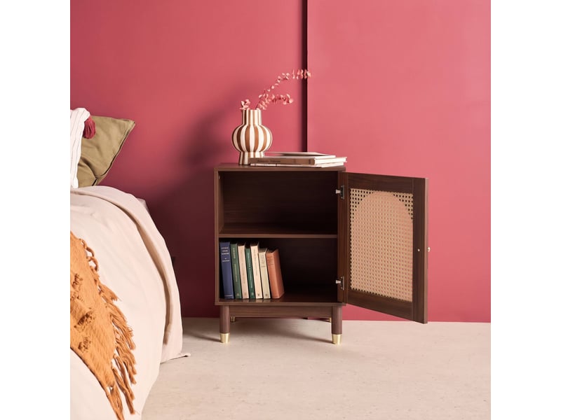  Table de chevet bohème bois et cannage noyer 1 porte 45 x 40 x 60 cm - judith  - Conforama C
