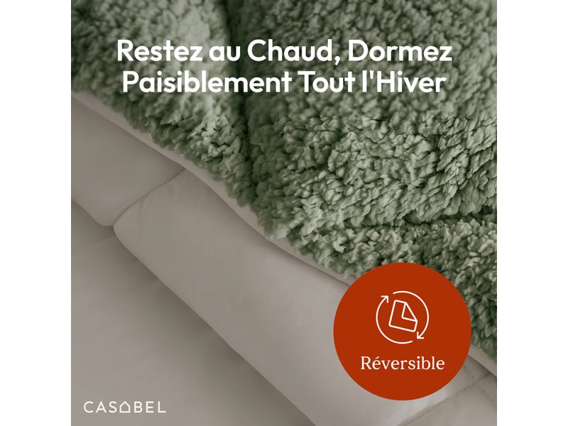  Casabel couette polaire hiver ultra chaude 600gm², réversible, douce et moelleuse, 2 personnes, 220x240cm, vert sauge  - Conforama D