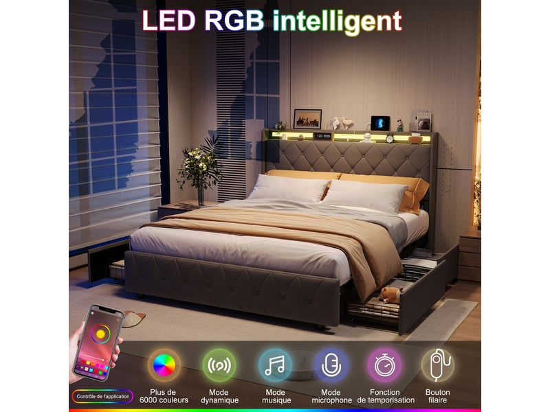  Lit coffre 140x200 cm, lit double 140x200 cm avec 2 tiroirs, éclairage led rgb, ports usb et type-c, tissu en velours gris  - Conforama D