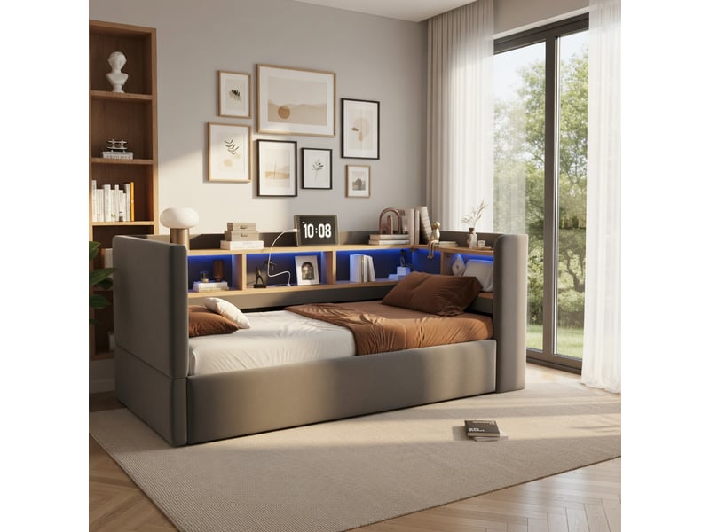  Canapé-lit 90 × 190 cm, équipé d'un éclairage led, d'une prise électrique et d'un espace de rangement, gris foncé  - Conforama B