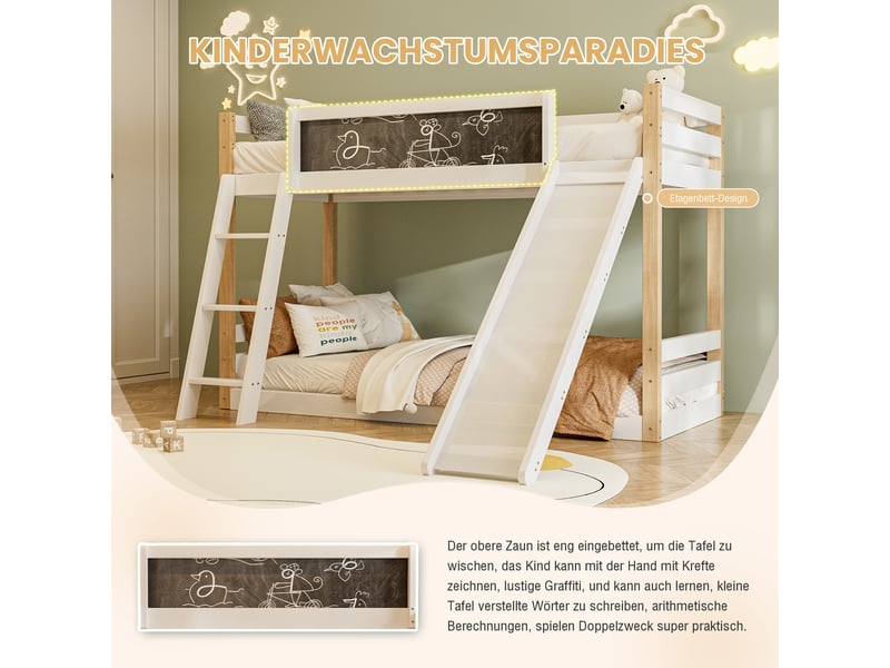  Lit superposé, lit enfant 90x200 + 90x190 cm, escalier sécurisé, bois blanc, toboggan  - Conforama W