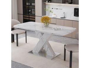 Table à manger rectangulaire moderne extensible 120-160 cm – plateau marbre blanc – piètement x mdf, base métallique