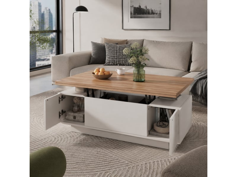  Table basse relevable à double plateau avec rangement caché et 2 portes pour salon en panneau de particules blanc 100×50×55,5 cm  - Conforama B